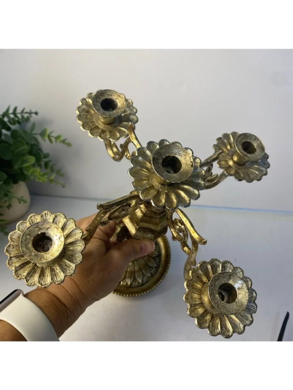 Vintage Villy Gold Ornate Cast Metal & Resin Candlestick Pillar Candle Holder
